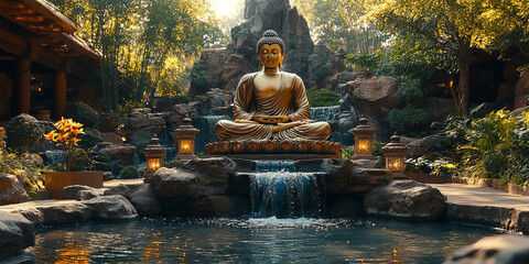 gold buddha meditating in yoga zen green bamboo garden surrounding with tiny indian traditional lamps near natural pool