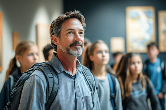 school trip to a museum, student group visits gallery, chaperone leads discovery of culture and art