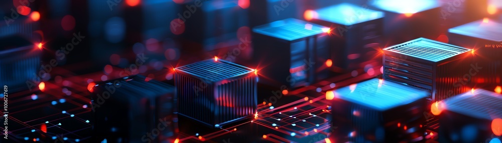 Poster close-up of circuit board elements, showcasing vibrant lights and intricate details that represent m