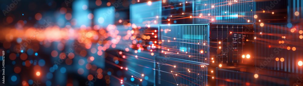 Poster A captivating digital abstract image showcasing vibrant lights and complex patterns, perfect for technology logistic and innovation themes.
