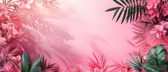 A vibrant tropical background featuring lush green palm leaves and pink orchids creating a serene and colorful atmosphere for various design and decoration projects