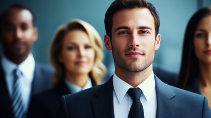 A confident businessman stands at the forefront of a diverse professional team in a modern office, showcasing leadership and collaboration among colleagues during a daytime meeting