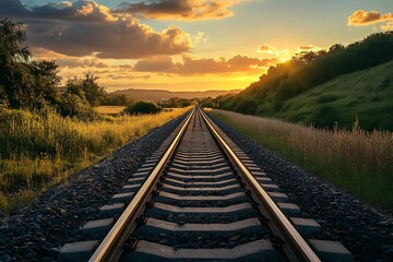 Fototapeta premium Train Tracks at Sunset, Straight Railroad Leading into Horizon with Golden Sky and Green Fields