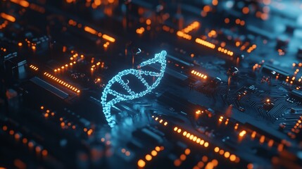 A glowing DNA double helix is depicted above a circuit board, symbolizing the fusion of biology and technology.