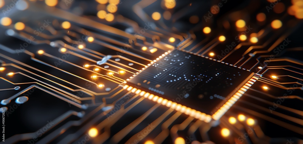 Aufkleber Close-up of a microchip surrounded by intricate circuitry and glowing lights, showcasing advanced technology and innovation.