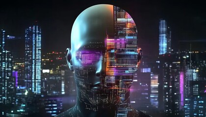 A futuristic digital human with half of their face made of technology stands in front of a city skyline at night.