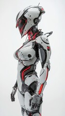 A futuristic female robot with a white and red exoskeleton stands against a white background.
