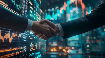 A handshake between a business manager and a new client, with charts depicting market trends on a digital screen in a contemporary office environment