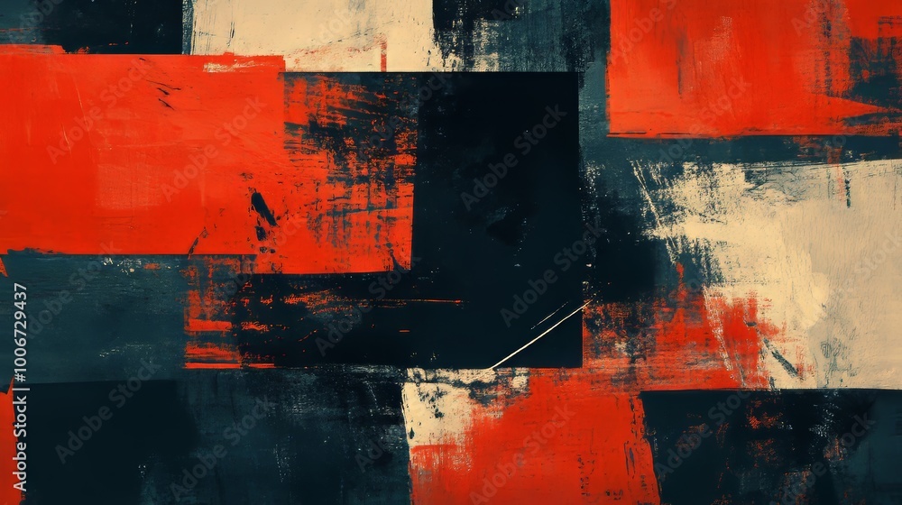 Poster an abstract art piece featuring dynamic brushstrokes in red and black, creating a vibrant visual eff