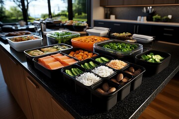 3D-rendered meal prep station, where each container is fully animated, showing a dynamic scene of portioning and organizing meals for the week.