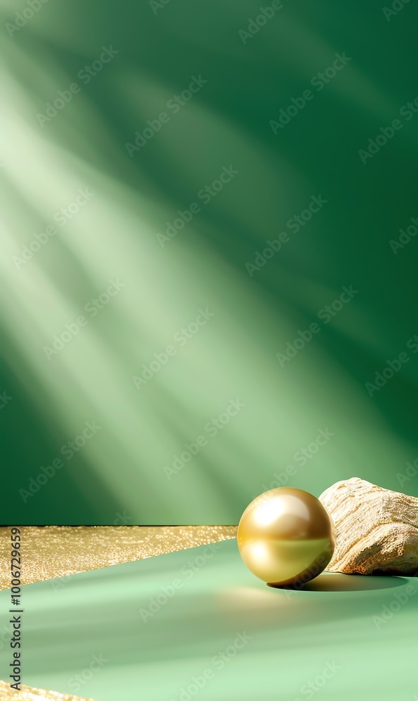Aufkleber a stunning golden sphere rests on a textured surface, illuminated by soft rays of light against a gr