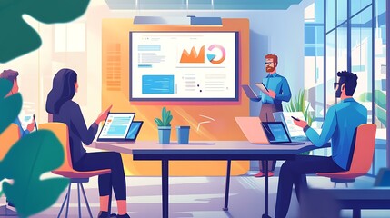 A casual team meeting in a coworking space, with people discussing business strategies, taking notes, and using digital devices, while a large screen displays their marketing plan