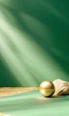 Obraz premium A stunning golden sphere rests on a textured surface, illuminated by soft rays of light against a green backdrop.