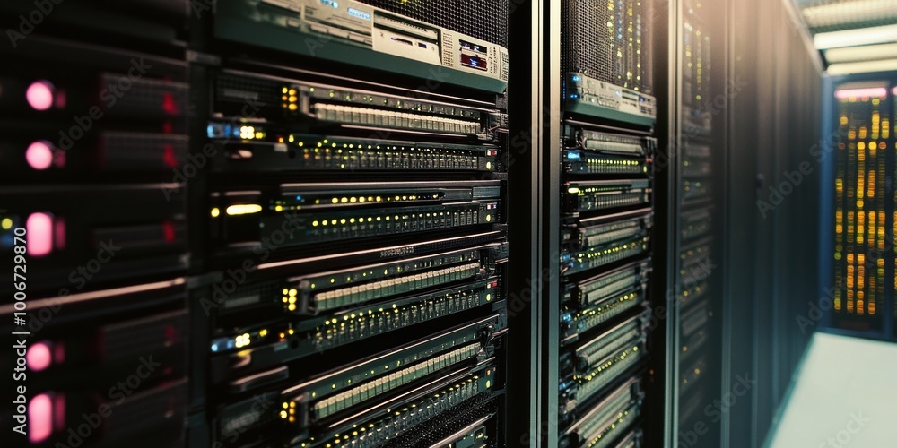 Poster a detailed view of server racks filled with blinking lights and network equipment in a modern data c