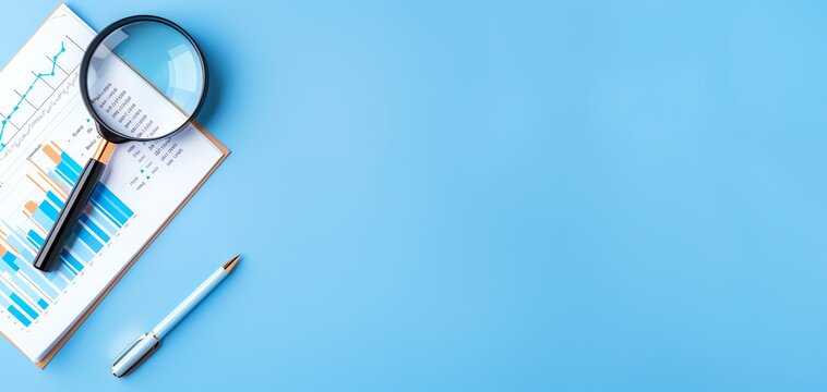 A magnifying glass rests on a report filled with graphs and charts, symbolizing data analysis and business insights.