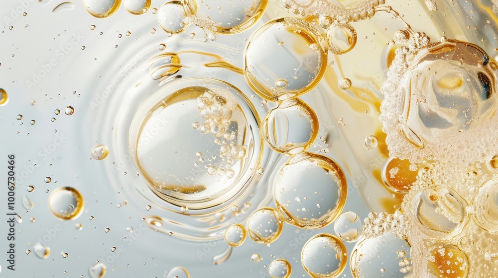Poster bubbles rise in a sparkling drink revealing intricate patterns and reflections of light during a sun