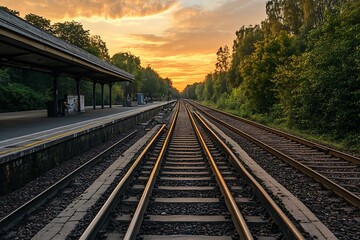 Fototapeta premium Train Tracks Leading into Sunset at Rural Station