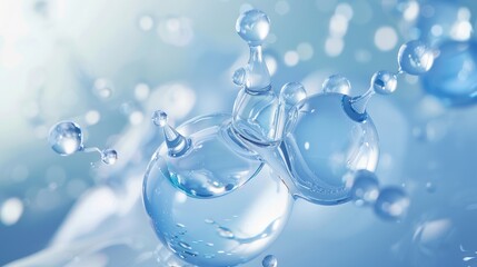 Close-up of water droplets merging and creating splashes in a clear blue background during a tranquil moment captured in nature's beauty