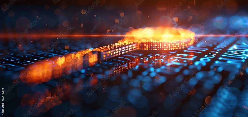 Aufkleber A luminous digital key on a keyboard, symbolizing cybersecurity and data protection in a modern tech environment.