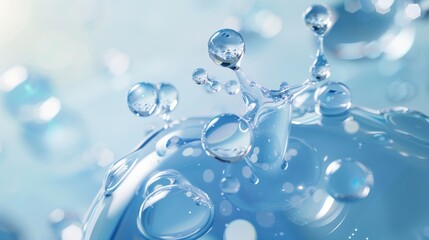 Water droplets create beautiful splashes and reflections in a serene blue background during bright daylight, showcasing the elegance and fluidity of nature's elements