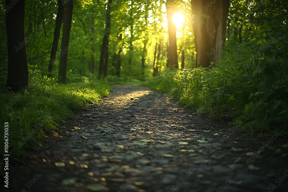 Poster sunlight shining through trees on a forest path, nature background