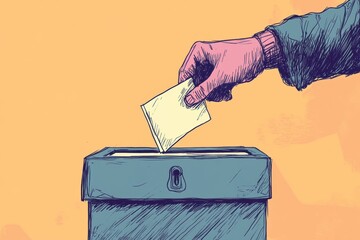 A hand dropping a ballot into a voting box against a colorful background during an election period, emphasizing civic engagement and participatory democracy in active scenarios