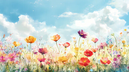 Fototapeta premium Watercolor painting depicting a colorful field of wildflowers in bloom on a sunny day. Wildflower Field. Illustration