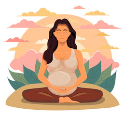pregnant young woman sitting in yoga pose and meditating cartoon vector illustration isolated on white background