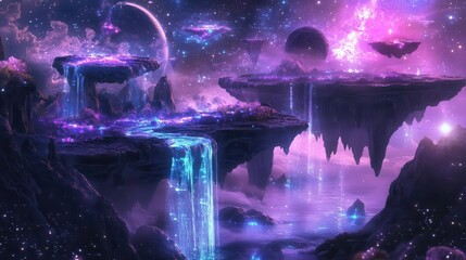 surreal cosmic landscape with floating rock islands, cascading waterfalls of stardust, and swirling nebulae. bioluminescent plant life and crystalline structures dot the ethereal scene.