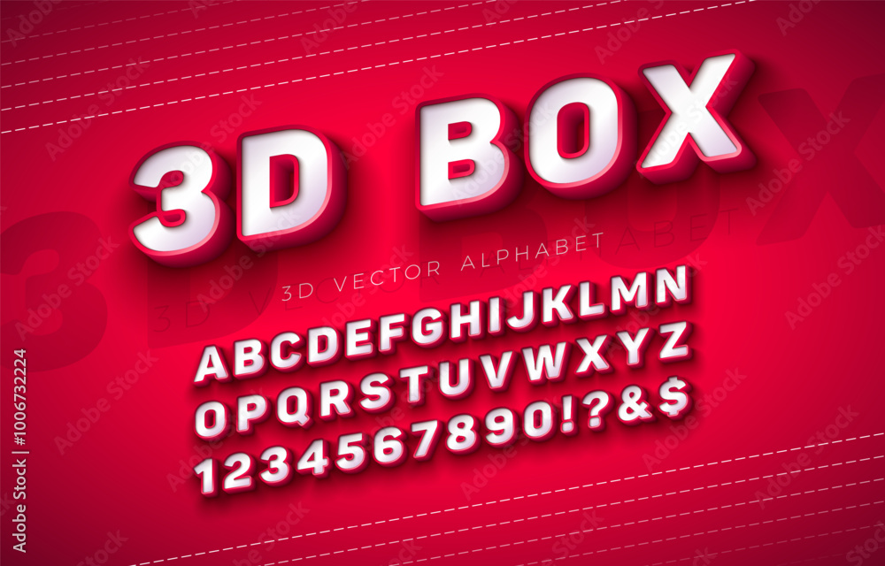 Fototapete vector 3d box alphabet font set with frame and shadow on red background. modern typeface design coll