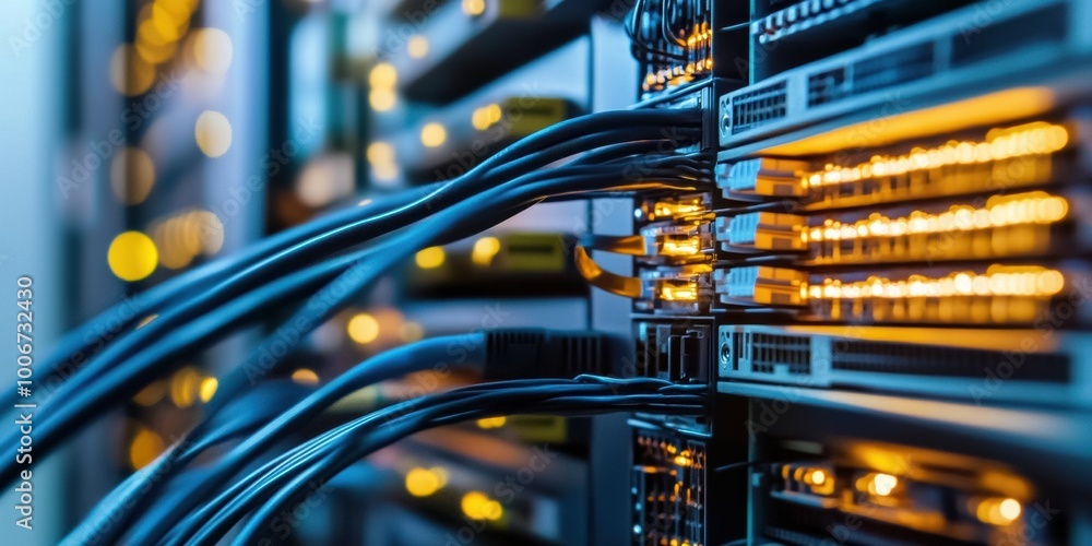 Aufkleber connected network cables glowing in a server room showcasing advanced data technology during nightti