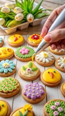 Decorating colorful Easter cookies with icing, focused mood, floral designs on wooden table
