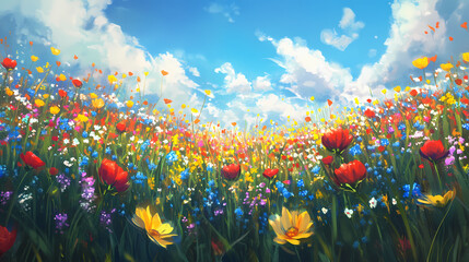 Wildflower field full bloom vibrant red yellow blue flowers. Wildflower Field. Illustration