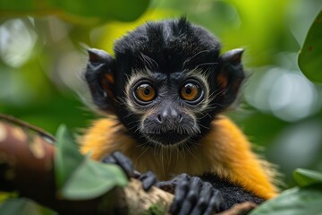 Obraz premium A curious monkey with striking orange fur and large eyes sits on a branch, blending into the vibrant green foliage of its natural habitat in a tropical rainforest during daylight hours