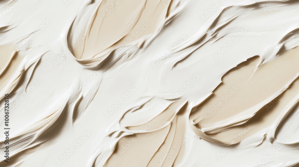Poster a close-up view of creamy textured white and beige paint spread across a canvas, showcasing artistic