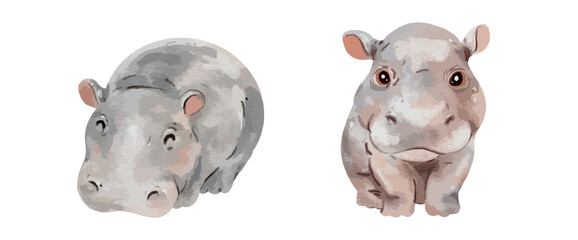 Cute baby hippopotamus watercolor isolated on white background. Nursery hippo cartoon hand drawn character vector illustration