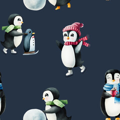 Seamless pattern with cute smiling penguins. Christmas north animal, watercolor hand painted illustration isolated on background. For designers, decoration, shop, for postcards, wrappi