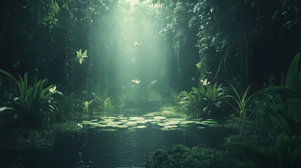 Obraz premium The dark and mysterious jungle is full of secrets and dangers. the thick vegetation blocks out the sun, creating a gloomy atmosphere. Eerie Swamp. Illustration