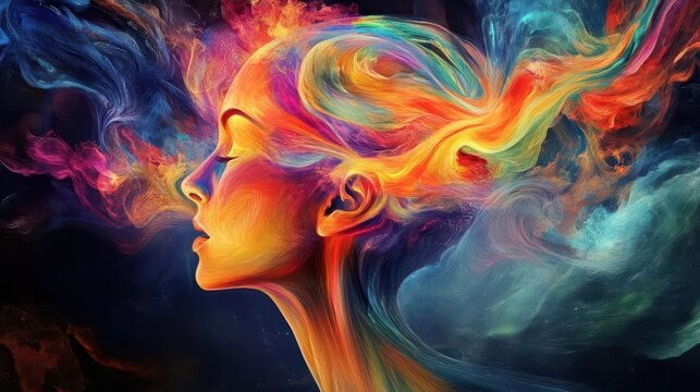 surreal digital illustration of a human head exploding into swirling colors, shapes, and abstract thoughts. vibrant, dreamlike quality.