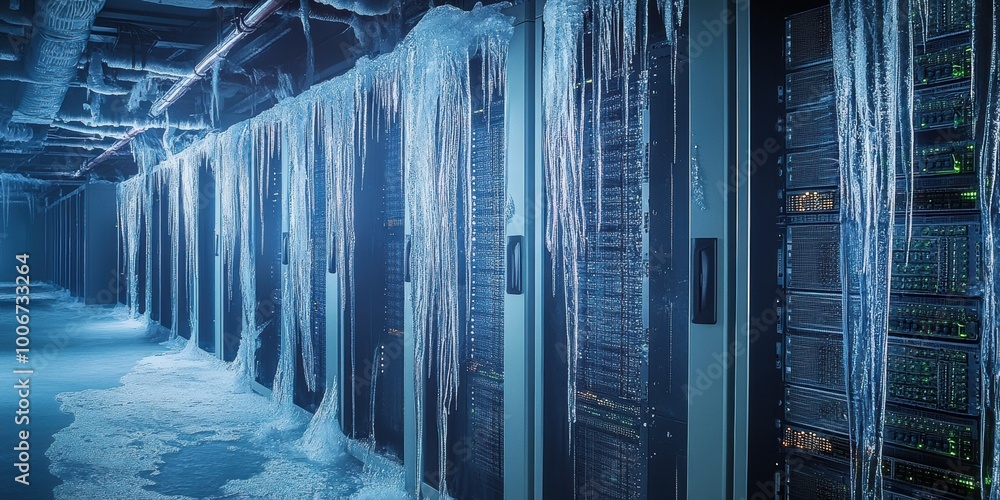 Aufkleber ice forming on server racks in a data center during a severe cooling malfunction at night, showcasin