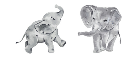 Cute baby elephant watercolor isolated on white background. Nursery elephant cartoon hand drawn character vector illustration