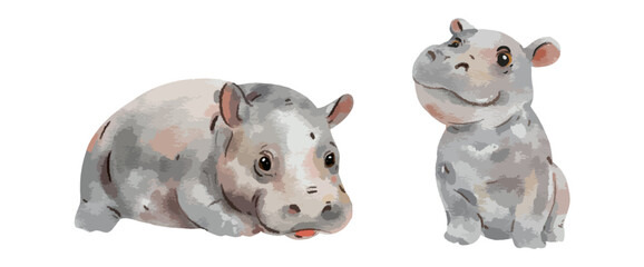 Cute baby hippopotamus watercolor isolated on white background. Nursery hippo cartoon hand drawn character vector illustration