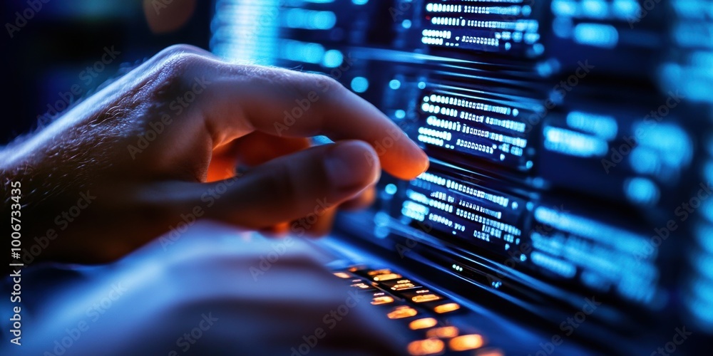 Poster a person working on a laptop surrounded by glowing data streams in a dark room, highlighting the fas