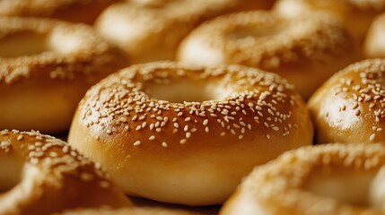 closeup shot of sesame bagles. 