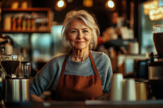 A smiling elderly woman in an apron stands behind the counter of a cozy café, showcasing her warm demeanor, with coffee equipment and customer seating in view during late afternoon hours