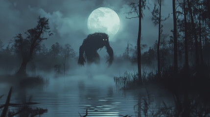 This eerie scene captures a monstrous creature emerging from the mist in a dark, foreboding swamp under the glow of a full moon, creating a sense of suspense and horror. Eerie Swamp. Illustration