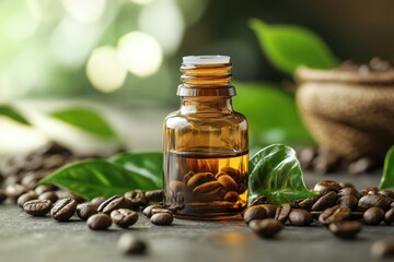 banner design with coffee fragrance essential oil bottle surrounded by coffee beans and green leaves, promoting wellness concept