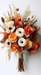 Naklejka premium Colorful autumn bouquet with paper flowers and dried leaves arranged artistically on a neutral background, showcasing seasonal beauty in floral craftsmanship