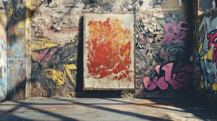 An abstract orange painting is displayed in an urban setting surrounded by graffiti, revealing striking texture variations.
