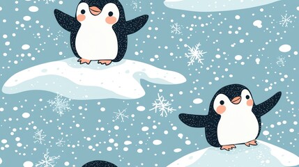 Fototapeta premium A blue and white penguin pattern with two penguins on top of a snow covered hill